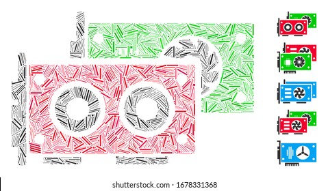 Line Mosaic based on GPU cards icon. Mosaic vector GPU cards is composed with randomized line spots. Bonus icons are added.