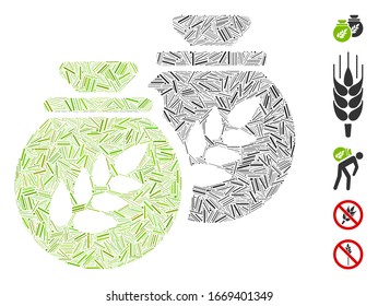 Line Mosaic based on grain harvest sacks icon. Mosaic vector grain harvest sacks is formed with random line dots. Bonus icons are added.