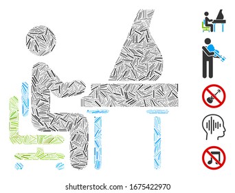 Mosaico de línea basado en el ícono del gran intérprete de piano. El intérprete de piano de cola vector mosaico está diseñado con puntos de línea aleatorizados. Se agregan iconos de bonificación.