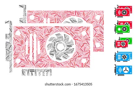 Line Mosaic based on graphic accelerator cards icon. Mosaic vector graphic accelerator cards is composed with randomized line elements. Bonus icons are added.