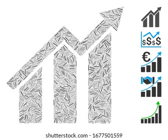 Line Mosaic based on growth chart icon. Mosaic vector growth chart is created with random dash items. Bonus icons are added.