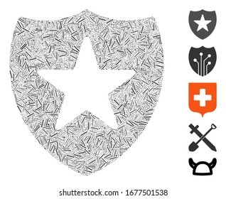 Linie Mosaik basierend auf dem Schutzschild Symbol. Der Schutzschild für die Vektorillustration der Mosaike besteht aus willkürlichen Linienpunkten. Bonussymbole werden hinzugefügt.
