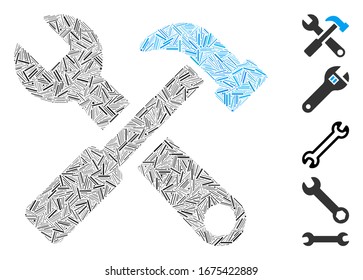 Line Mosaic based on hammer and wrench icon. Mosaic vector hammer and wrench is designed with randomized line spots. Bonus icons are added.