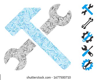 Linie Mosaik auf der Basis von Hammer und Schraubensymbol. Mosaik Vektorillustration Hammer und Schraubenschlüssel besteht aus Zufallselementen. Bonussymbole werden hinzugefügt.