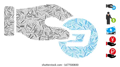 Line Mosaic based on hand pay Dash icon. Mosaic vector hand pay Dash is designed with randomized line spots. Bonus icons are added.