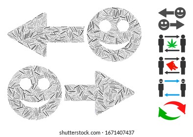 Mosaico de línea basado en el icono de flechas de intercambio de emociones felices. Las flechas de intercambio de emociones alegres del vector mosaico se crean con elementos de línea dispersos. Se agregan iconos de bonificación.