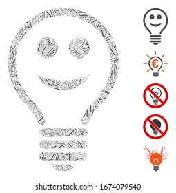 Line Mosaic based on happy electric bulb icon. Mosaic vector happy electric bulb is created with scattered line elements. Bonus icons are added.