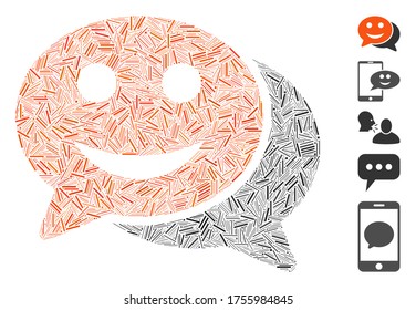 Line Mosaic based on happy chat icon. Mosaic vector happy chat is composed with randomized line dots. Bonus icons are added.