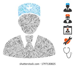 Line Mosaic based on head physician icon. Mosaic vector head physician is formed with scattered line spots. Bonus icons are added.