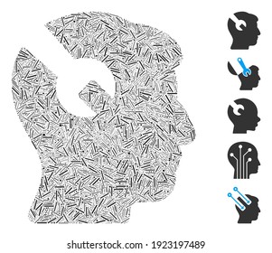 Mosaico de línea basado en el icono de la llave de la cirugía de la cabeza. La llave para la cirugía de la cabeza del vector mosaico está diseñada con elementos de la línea dispersa. Se agregan iconos de bonificación.