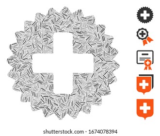 Line Mosaic based on health care stamp icon. Mosaic vector health care stamp is created with random line elements. Bonus icons are added.