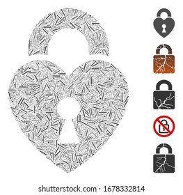 Line Mosaic based on heart lock icon. Mosaic vector heart lock is formed with scattered line elements. Bonus icons are added.