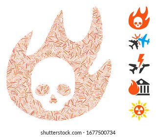 Line Mosaic based on hell fire icon. Mosaic vector hell fire is composed with randomized line spots. Bonus icons are added.
