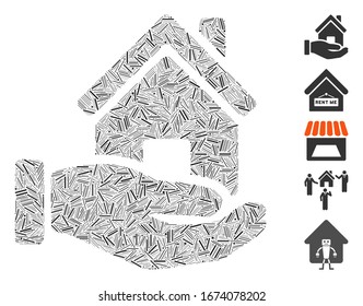 Line Mosaic basierend auf dem Home-Angebot Symbol. Mosaik Vektorillustration Home Angebot wird mit randomisierten Linien erstellt. Bonussymbole werden hinzugefügt.
