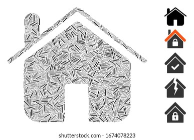 Mosaico de línea basado en el icono del hogar. El hogar vectorial mosaico está diseñado con puntos de línea aleatorizados. Se agregan iconos de bonificación.