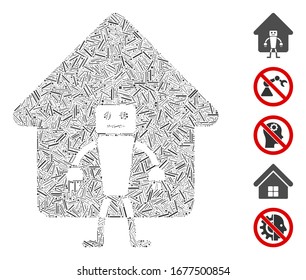 Mosaico de línea basado en el icono del robot doméstico. El robot doméstico vector mosaico está compuesto por elementos de línea aleatoria. Se agregan iconos de bonificación.