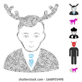 Line Mosaic based on horned husband icon. Mosaic vector horned husband is created with scattered line items. Bonus icons are added.