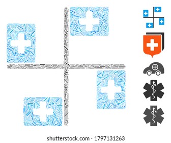 Line Mosaic based on hospital flags icon. Mosaic vector hospital flags is composed with random hatch spots. Bonus icons are added.