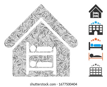 Line Mosaic based on hostel icon. Mosaic vector hostel is created with random dash spots. Bonus icons are added.
