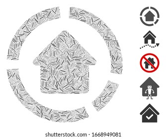 Line Mosaic based on house diagram icon. Mosaic vector house diagram is created with random dash items. Bonus icons are added.