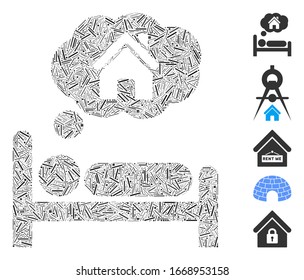 Line Mosaic based on house dreams icon. Mosaic vector house dreams is composed with random line elements. Bonus icons are added.