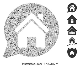 Line Mosaic based on house mention icon. Mosaic vector house mention is formed with randomized line elements. Bonus icons are added.