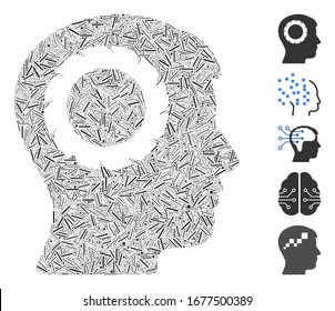 Line Mosaic based on human memory wheel icon. Mosaic vector human memory wheel is created with random line dots. Bonus icons are added.