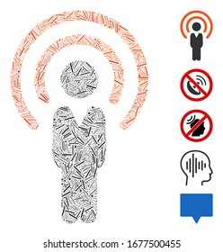 Mosaico de línea basado en el icono de fuente de radio humana. La fuente de radio humana vector mosaico se forma con elementos de línea aleatoria. Se agregan iconos de bonificación.