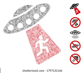 Line Mosaic based on human abduction UFO icon. Mosaic vector human abduction UFO is designed with randomized line dots. Bonus icons are added.