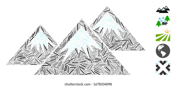 Line Mosaic based on icecap mountains icon. Mosaic vector icecap mountains is formed with randomized line elements. Bonus icons are added.