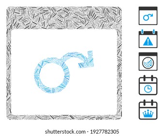 Line Mosaic based on impotence calendar page icon. Mosaic vector impotence calendar page is created with randomized line spots. Bonus icons are added.