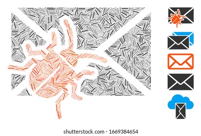 Line Mosaic based on infected mail icon. Mosaic vector infected mail is designed with random line dots. Bonus icons are added.