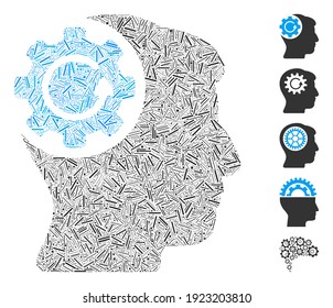 Line Mosaic based on intellect gear rotation icon. Mosaic vector intellect gear rotation is composed with scattered line elements. Bonus icons are added.