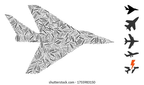 Line Mosaic based on intercepter plane icon. Mosaic vector intercepter plane is created with random line elements. Bonus icons are added.
