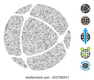 Line Mosaic based on internet sphere icon. Mosaic vector internet sphere is composed with random line spots. Bonus icons are added.