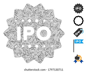 Line Mosaic based on IPO token icon. Mosaic vector IPO token is created with randomized line elements. Bonus icons are added.