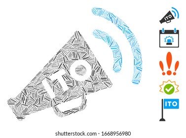 Line Mosaic based on ITO alert megaphone icon. Mosaic vector ITO alert megaphone is designed with randomized line elements. Bonus icons are added.