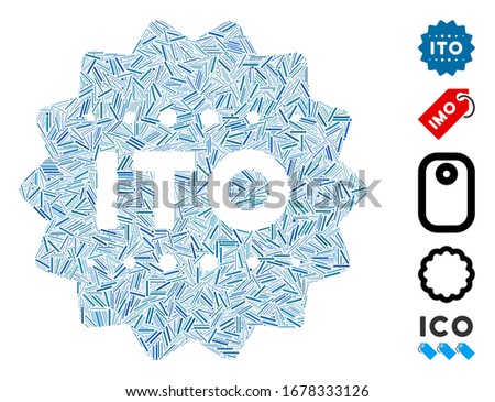 Line Mosaic based on ITO token icon. Mosaic vector ITO token is designed with scattered line dots. Bonus icons are added.