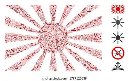 Line Mosaic based on Japanese rising sun icon. Mosaic vector Japanese rising sun is formed with random line elements. Bonus icons are added.