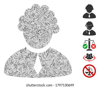 Line Mosaic based on judge profession icon. Mosaic vector judge profession is formed with scattered hatch dots. Bonus icons are added.