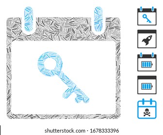 Line Mosaic based on key calendar day icon. Mosaic vector key calendar day is composed with scattered line items. Bonus icons are added.