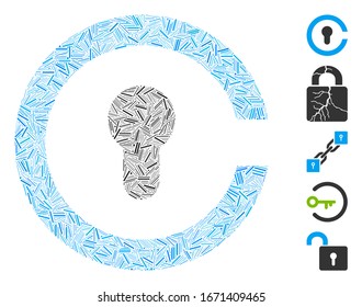Line Mosaic based on keyhole icon. Mosaic vector keyhole is formed with scattered line elements. Bonus icons are added.