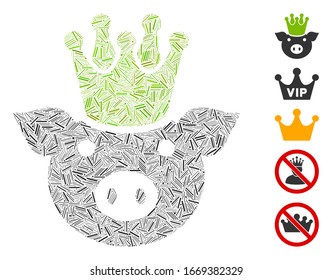 Line Mosaic based on king pig icon. Mosaic vector king pig is designed with random line items. Bonus icons are added.