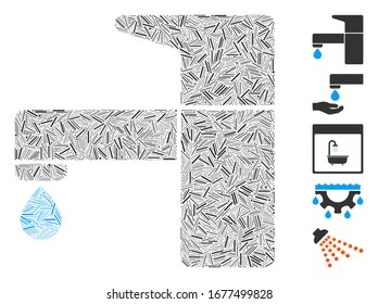 Mosaico de línea basado en el icono del grifo de cocina. El toque de cocina vectorial mosaico está diseñado con puntos de línea aleatoria. Se agregan iconos de bonificación.