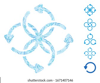 Mosaico de línea basado en el icono de rotación de nudos. La rotación del nudo vectorial mosaico se compone de elementos de línea aleatorizados. Se agregan iconos de bonificación.