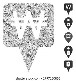 Line Mosaic based on Korean Won map pointer icon. Mosaic vector Korean Won map pointer is formed with scattered line elements. Bonus icons are added.