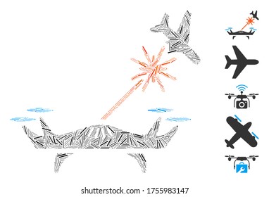 Line Mosaic based on laser drone strikes airplane icon. Mosaic vector laser drone strikes airplane is formed with randomized line dots. Bonus icons are added.