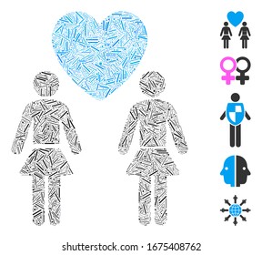 Line Mosaic based on lesbi love pair icon. Mosaic vector lesbi love pair is created with scattered line items. Bonus icons are added.