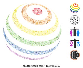 Line Mosaic based on LGBT color stripes abstract sphere icon. Mosaic vector LGBT color stripes abstract sphere is designed with scattered line spots. Bonus icons are added.