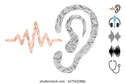 Line Mosaic based on listen icon. Mosaic vector listen is composed with scattered line dots. Bonus icons are added.